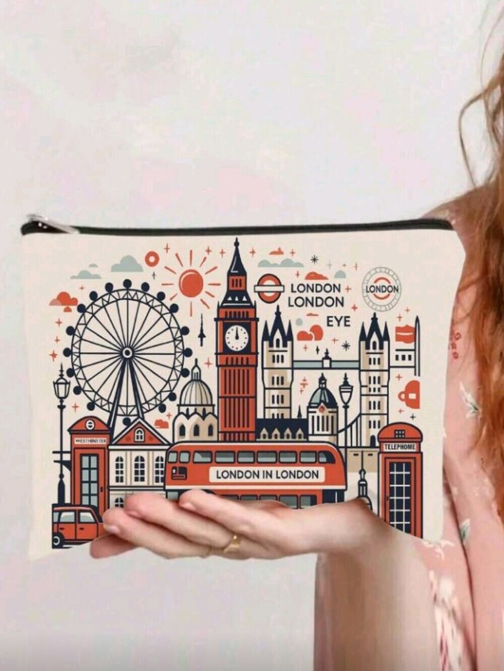 London Skyline Pouch Cream Red Summer Vacation Travel Zipper Pouch Purse